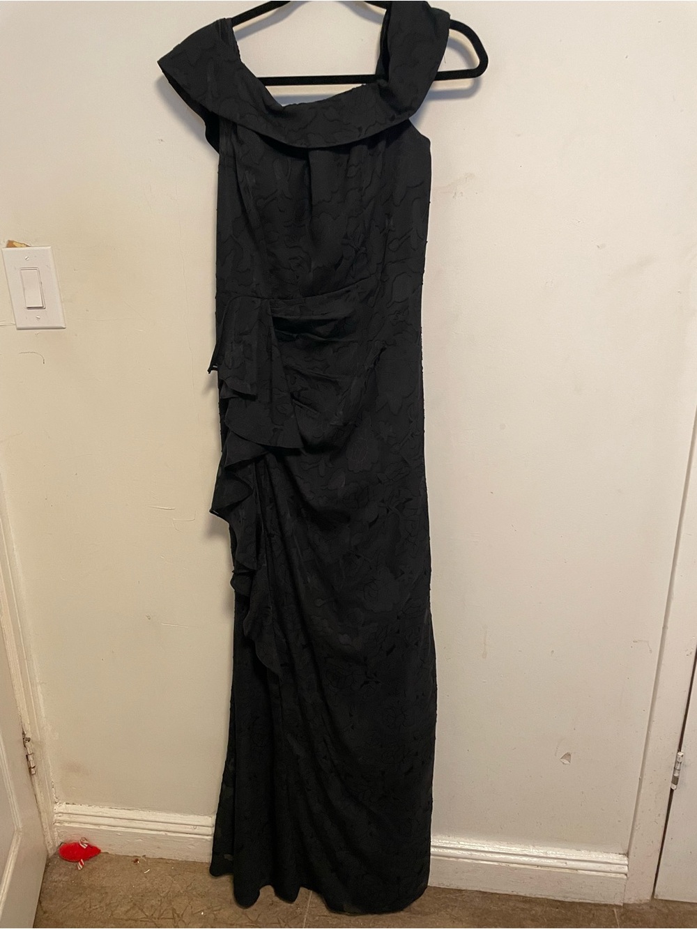 Azazie Black Off-Shoulder Ruffled Maxi Gown